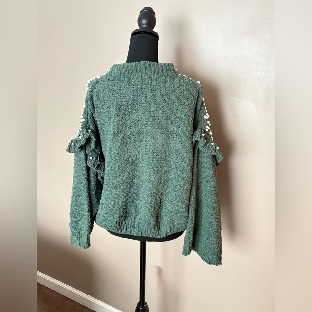 POL green chenille cropped sweater pearl embellished ruffle sleeves boho S EUC - Picture 7 of 15